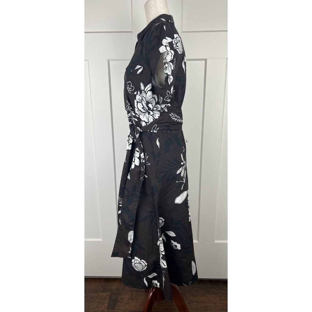 Talbots Fit & Flare Dress 12 Brown Cream Floral Faux Wrap Belted Midi - Picture 3 of 10